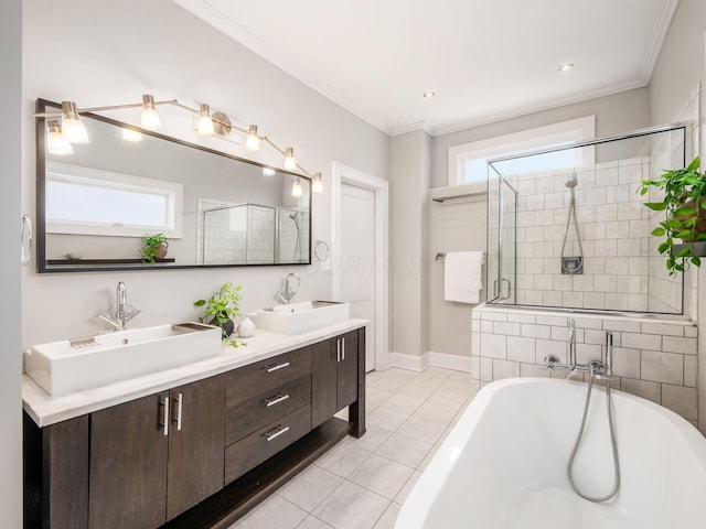 248 E Whittier St, Columbus, OH 43206 - bathroom featuring a tub, healthy amount of natural light, double vanity, tiled shower, and ornamental molding