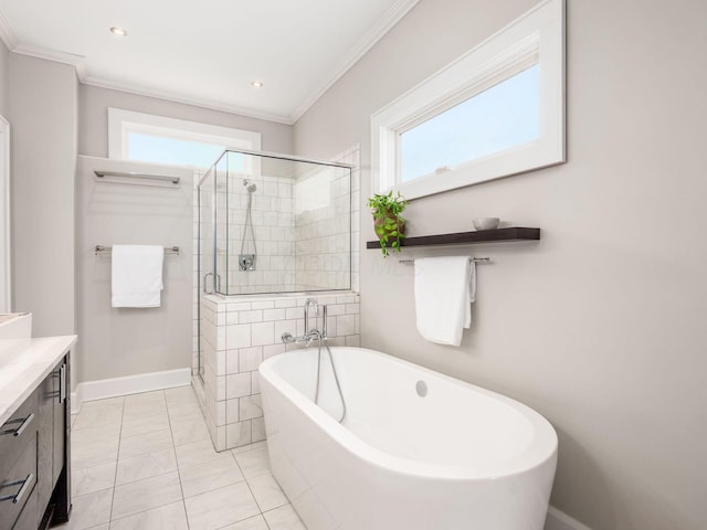 248 E Whittier St, Columbus, OH 43206 - full bathroom featuring healthy amount of natural light, a freestanding tub, a shower stall, vanity, and ornamental molding