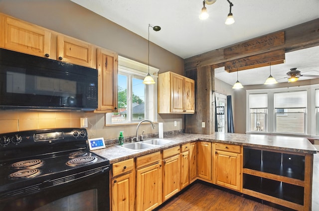 835 Rogers St, Bucyrus, OH 44820 - kitchen with black appliances, dark wood-type flooring, a peninsula, decorative backsplash, and ceiling fan