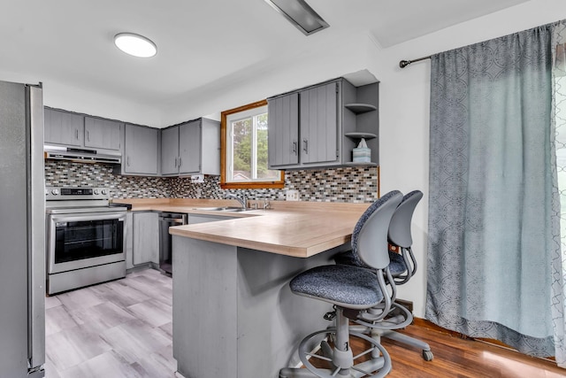 1508 W Hanley Rd, Mansfield, OH 44904 - kitchen with gray cabinetry, stainless steel appliances, under cabinet range hood, and a peninsula