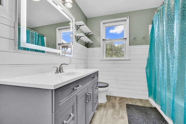 1508 W Hanley Rd, Mansfield, OH 44904 - full bathroom with vanity, a wainscoted wall, wood finished floors, a shower with curtain, and wooden walls