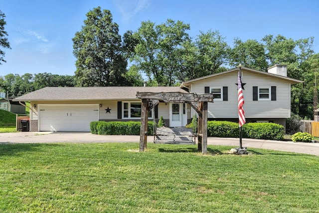 65 Jeffery Ln SE, Heath, OH 43056 - tri-level home with a pergola, driveway, a garage, a front yard, and a chimney