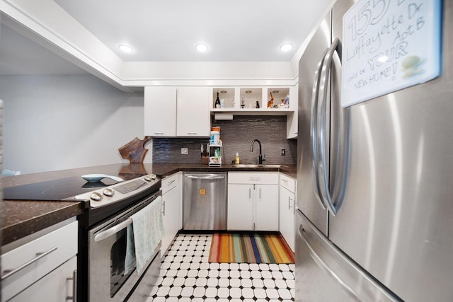 1551 Lafayette Dr Unit B, Columbus, OH 43220 - kitchen featuring appliances with stainless steel finishes, open shelves, dark countertops, white cabinets, and recessed lighting