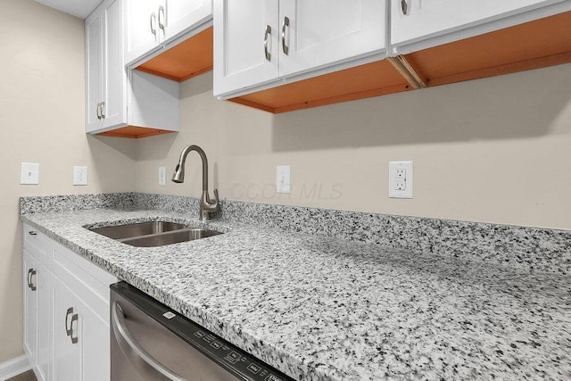 3784 Armuth Ave, Columbus, OH 43219 - kitchen featuring white cabinets, stainless steel dishwasher, and light stone countertops
