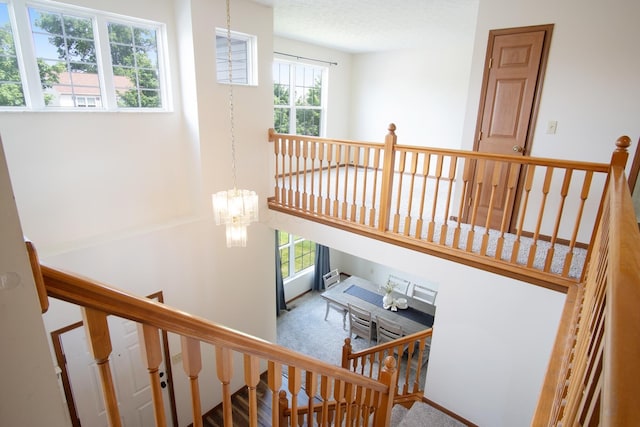 237 Harvard Loop, Delaware, OH 43015 - staircase with carpet flooring, healthy amount of natural light, and a chandelier