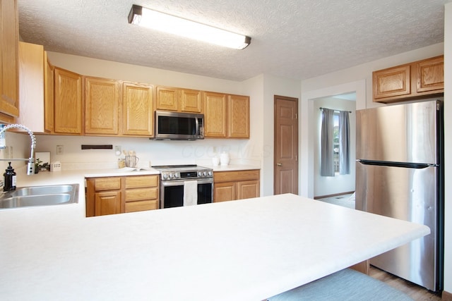 237 Harvard Loop, Delaware, OH 43015 - kitchen with appliances with stainless steel finishes, a peninsula, light countertops, and a textured ceiling