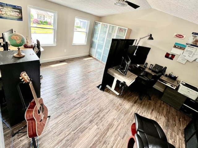 8576 Army Pl, Galloway, OH 43119 - office with a textured ceiling, wood finished floors, lofted ceiling, and a ceiling fan