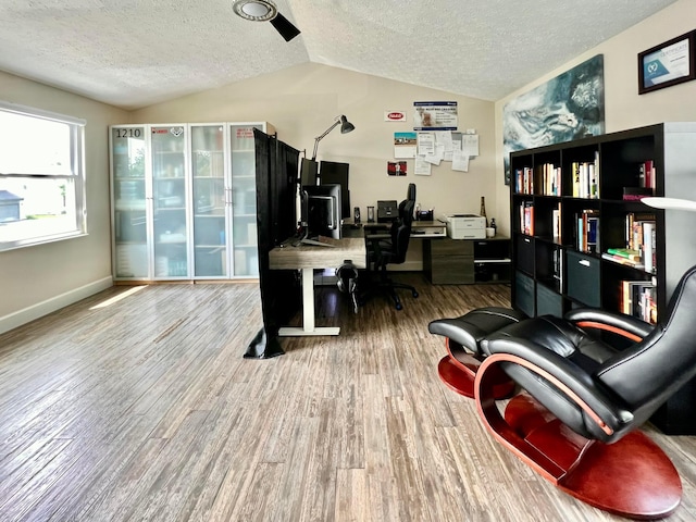 8576 Army Pl, Galloway, OH 43119 - home office featuring a textured ceiling, lofted ceiling, and wood finished floors