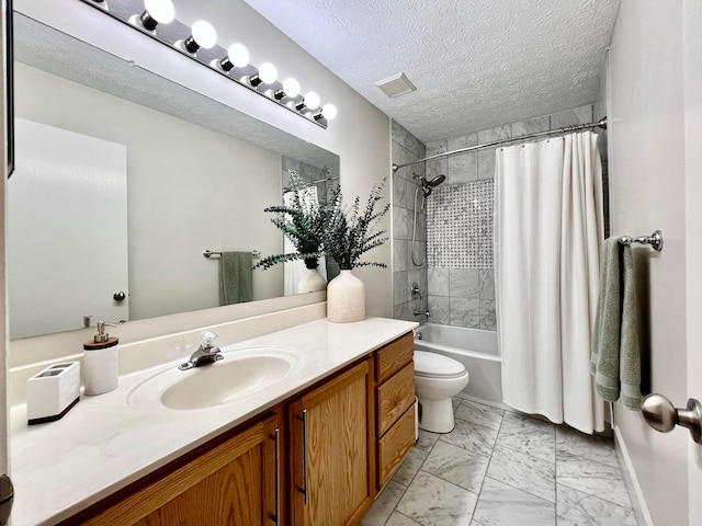 8576 Army Pl, Galloway, OH 43119 - full bathroom with vanity, shower / bath combination with curtain, marble finish floors, and a textured ceiling