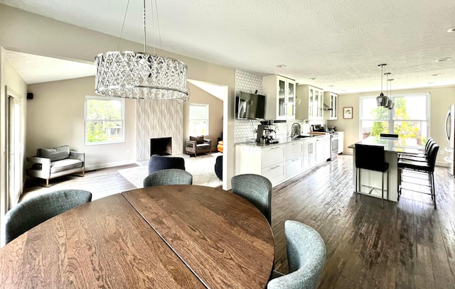 8576 Army Pl, Galloway, OH 43119 - dining room with plenty of natural light, dark wood-style flooring, a textured ceiling, and a premium fireplace