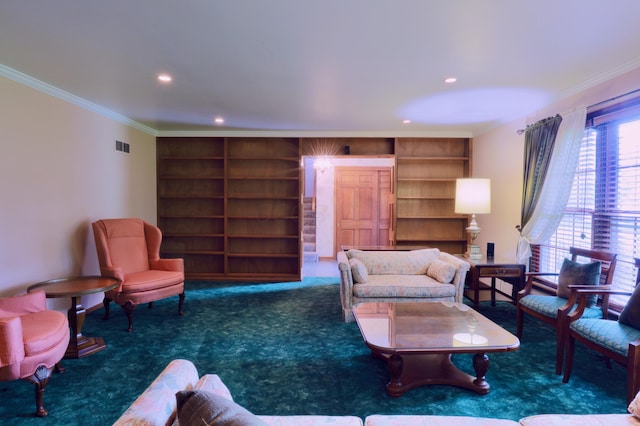 249 Orchard View Dr NE, Lancaster, OH 43130 - living room with carpet floors, ornamental molding, built in features, and recessed lighting