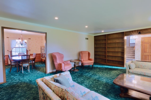 249 Orchard View Dr NE, Lancaster, OH 43130 - living area featuring carpet, stairway, a chandelier, built in shelves, and crown molding