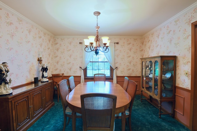 249 Orchard View Dr NE, Lancaster, OH 43130 - dining area with a chandelier, wainscoting, ornamental molding, and dark carpet