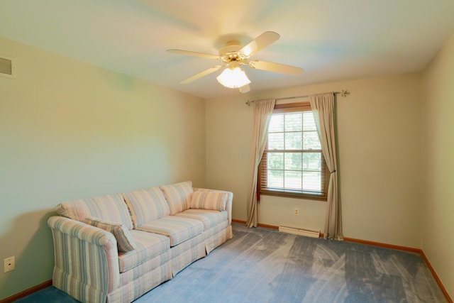 249 Orchard View Dr NE, Lancaster, OH 43130 - living area featuring ceiling fan, carpet floors, and a baseboard radiator