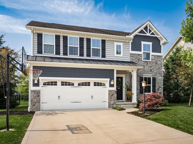 153 Shawnee Dr, Pickerington, OH 43147 - craftsman-style home featuring stone siding, a standing seam roof, concrete driveway, and a garage