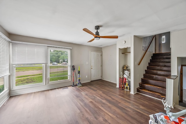 11 Richards Dr, Delaware, OH 43015 - foyer featuring wood finished floors, stairway, and ceiling fan