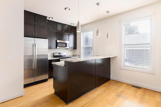 318 Berger Aly, Columbus, OH 43206 - kitchen featuring appliances with stainless steel finishes, a peninsula, healthy amount of natural light, and light wood-type flooring