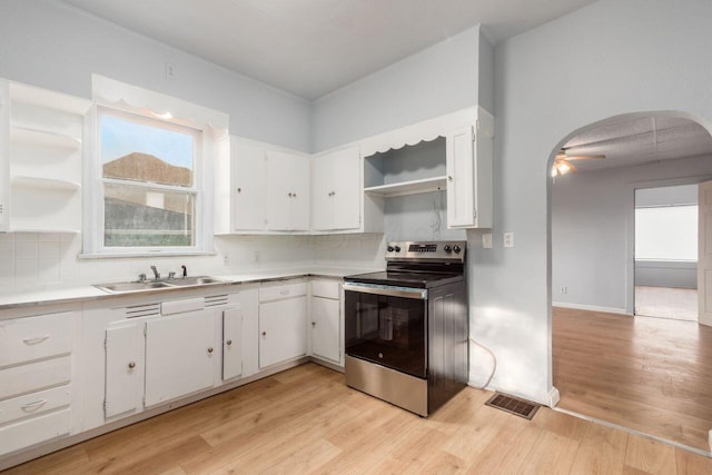 424 S Harris Ave, Columbus, OH 43204 - kitchen with electric stove, open shelves, white cabinetry, and tasteful backsplash