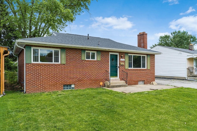 1208 Carolwood Ave, Columbus, OH 43227 - view of front of house featuring entry steps, a chimney, a front yard, brick siding, and roof with shingles