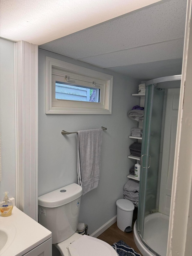 13997 Custers Point Rd NE, Thornville, OH 43076 - full bathroom featuring a shower stall, vanity, and wood finished floors