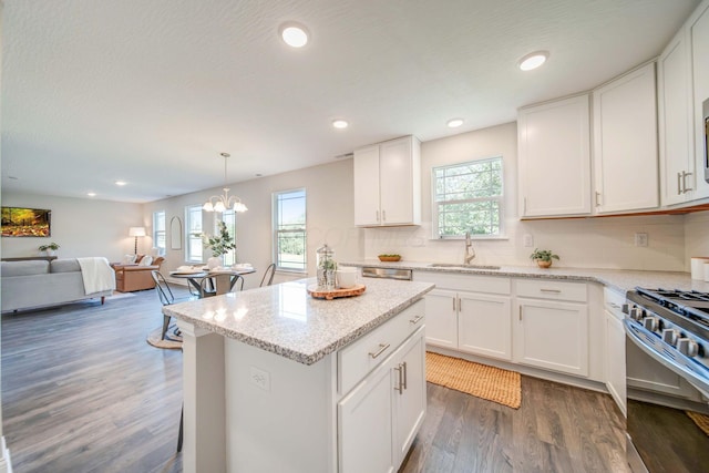 66 Genoa Cir, Commercial Point, OH 43116 - kitchen with stainless steel gas stove, plenty of natural light, open floor plan, wood finished floors, and recessed lighting