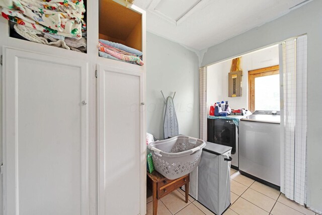 136 Ridgeview Ct, Johnstown, OH 43031 - laundry room featuring separate washer and dryer, electric panel, light tile patterned floors, and attic access
