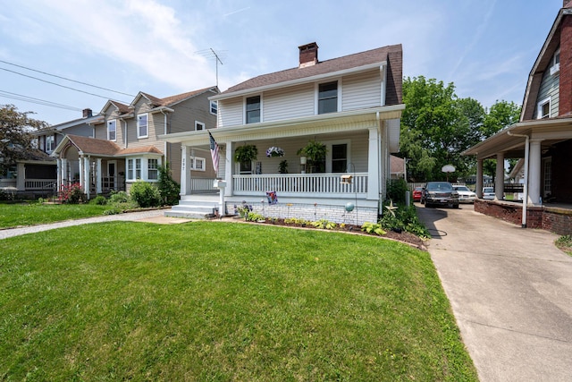 297 Central Ave, Newark, OH 43055 - view of front of house featuring covered porch, a front yard, and a chimney