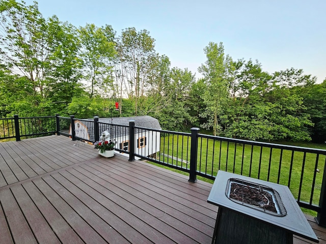 1240 Beath Ln, South Salem, OH 45681 - wooden deck featuring a fire pit, a lawn, and view of wooded area