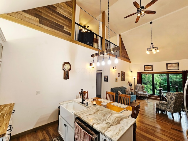 1240 Beath Ln, South Salem, OH 45681 - dining space with high vaulted ceiling, dark wood-type flooring, and ceiling fan