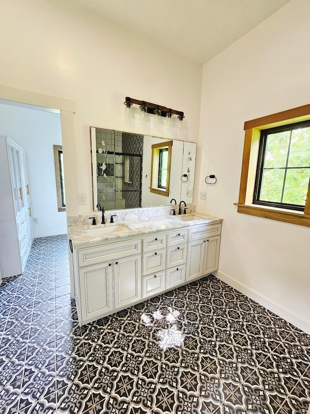 1240 Beath Ln, South Salem, OH 45681 - full bathroom with a shower stall, double vanity, and tile patterned floors