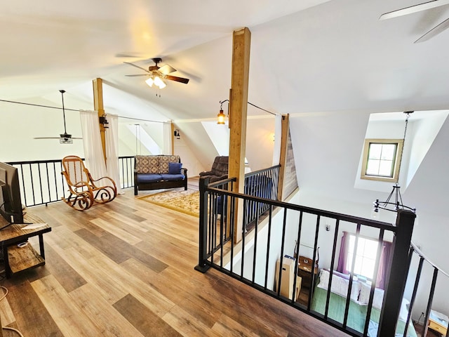 1240 Beath Ln, South Salem, OH 45681 - hall with an upstairs landing, wood finished floors, and high vaulted ceiling