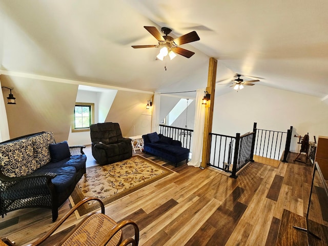 1240 Beath Ln, South Salem, OH 45681 - living room featuring a ceiling fan, lofted ceiling, and wood finished floors