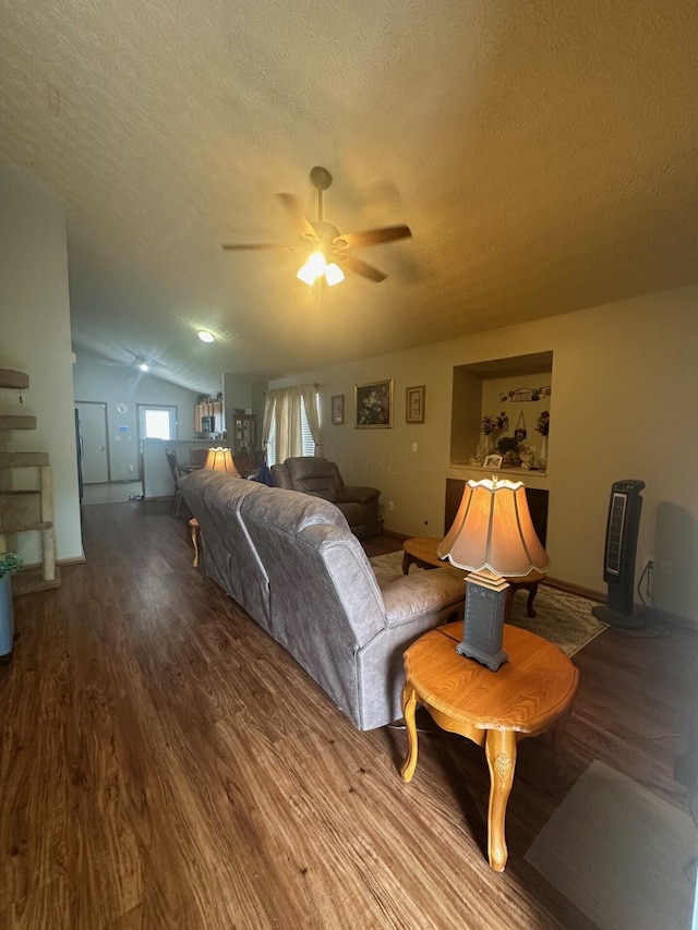 5393 Blanchard Dr, Canal Winchester, OH 43110 - living room with a textured ceiling, wood finished floors, ceiling fan, and lofted ceiling