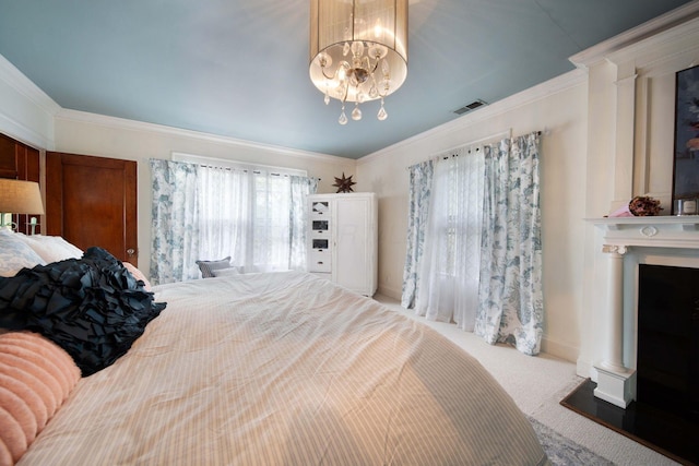 2465 E Broad St, Bexley, OH 43209 - carpeted bedroom featuring crown molding, a chandelier, and a fireplace