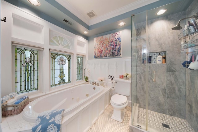 2465 E Broad St, Bexley, OH 43209 - full bath featuring a tub with jets, crown molding, a shower stall, tile patterned floors, and recessed lighting