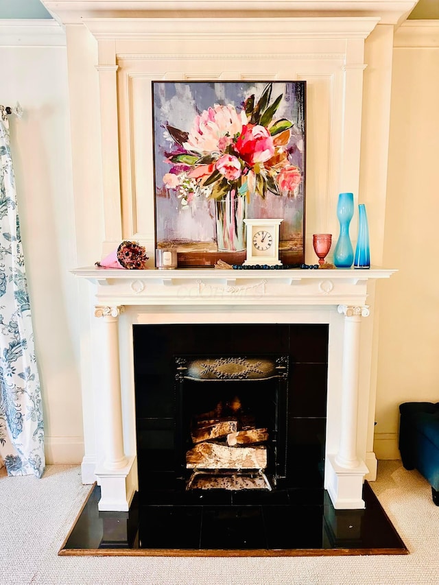 2465 E Broad St, Bexley, OH 43209 - detailed view of carpet floors, a fireplace, and crown molding