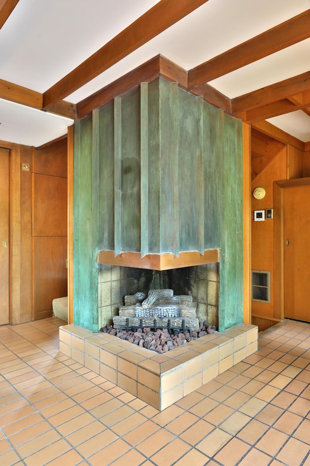 230 E S St, Worthington, OH 43085 - detailed view of beamed ceiling, wood walls, and a fireplace