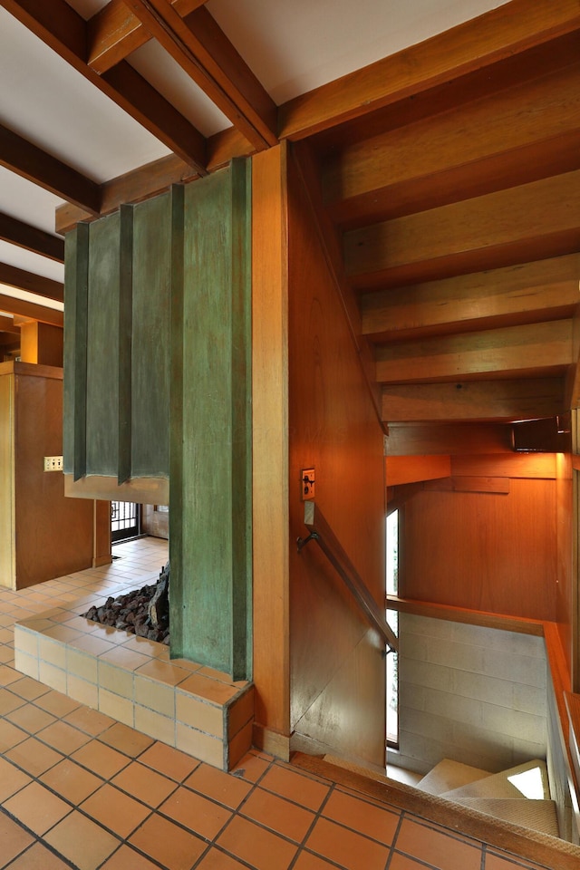 230 E S St, Worthington, OH 43085 - stairs with tile patterned flooring and beamed ceiling