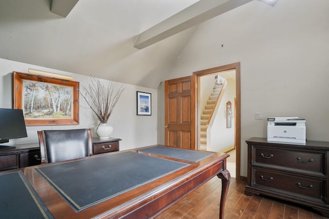 161 Jackson St, Columbus, OH 43206 - recreation room with vaulted ceiling, dark wood-type flooring, and a desk