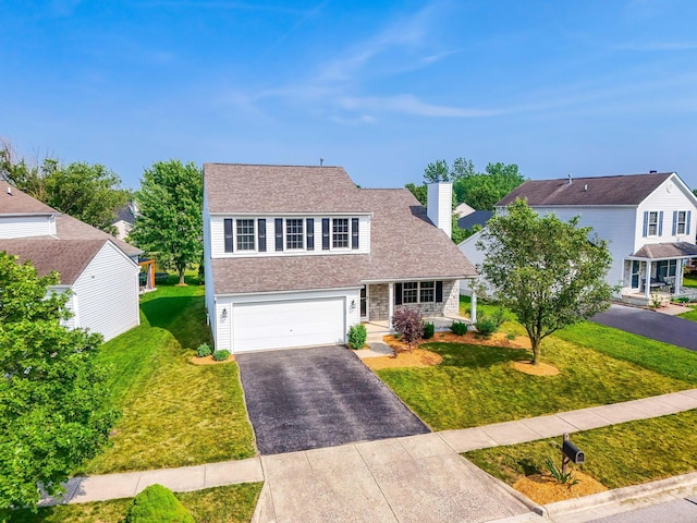 113 Olentangy Meadows Dr, Lewis Center, OH 43035 - traditional-style home with driveway, a porch, an attached garage, a front yard, and a chimney