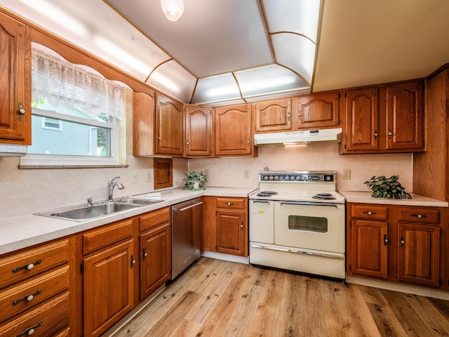 1530 Pemberton Dr, Columbus, OH 43221 - kitchen with white electric stove, dishwasher, under cabinet range hood, and brown cabinets