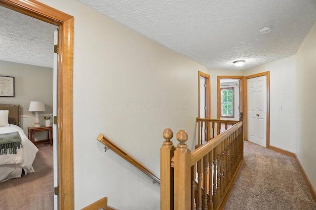 1482 Buckpoint Ln, Worthington, OH 43085 - hallway featuring an upstairs landing, a textured ceiling, and carpet flooring