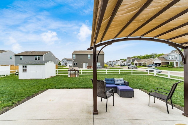 5070 River Bend Dr, South Bloomfield, OH 43103 - view of patio with a residential view, a storage unit, and outdoor lounge area