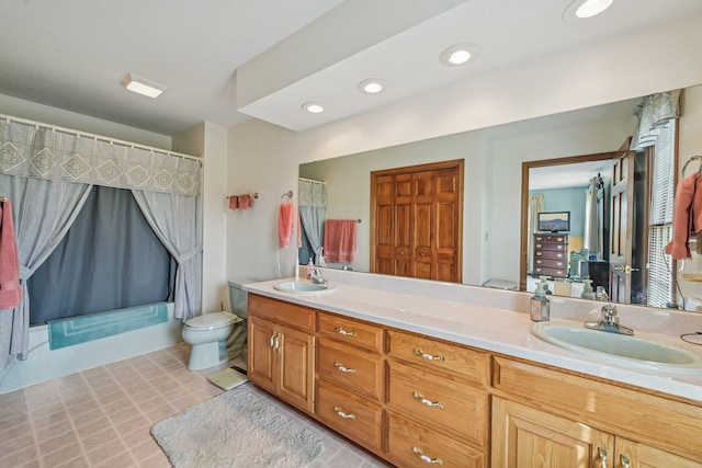 6281 Davis Dr, Newark, OH 43056 - full bathroom with double vanity, shower / tub combo with curtain, and recessed lighting