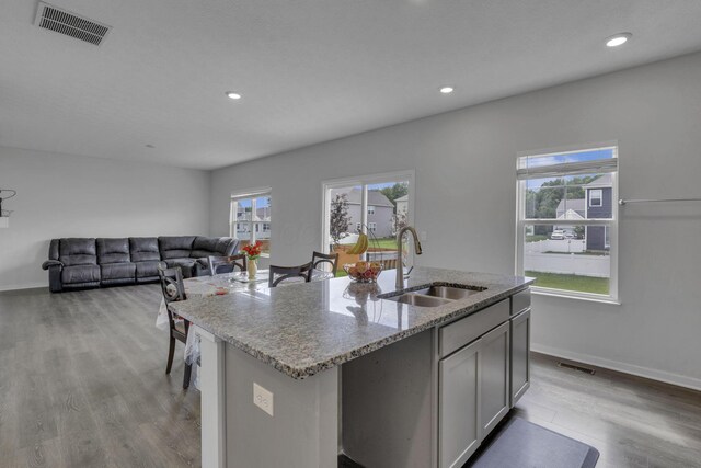 235 Old Bay Dr, Pataskala, OH 43062 - kitchen featuring wood finished floors, plenty of natural light, light stone counters, recessed lighting, and a kitchen island with sink
