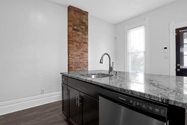 611 E 11th Ave, Columbus, OH 43211 - kitchen with dishwasher, light stone countertops, dark wood-style floors, and dark cabinetry