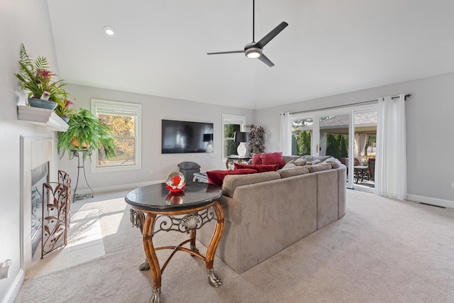 6037 Baronscourt Way, Dublin, OH 43016 - carpeted living area featuring ceiling fan, a fireplace, and high vaulted ceiling