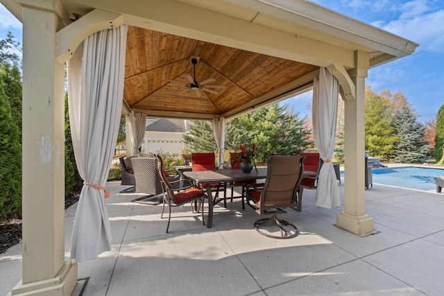 6037 Baronscourt Way, Dublin, OH 43016 - view of patio featuring a gazebo, ceiling fan, outdoor dining space, and an outdoor pool