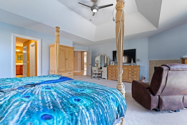 6037 Baronscourt Way, Dublin, OH 43016 - bedroom with light carpet, lofted ceiling, ceiling fan, and ensuite bathroom