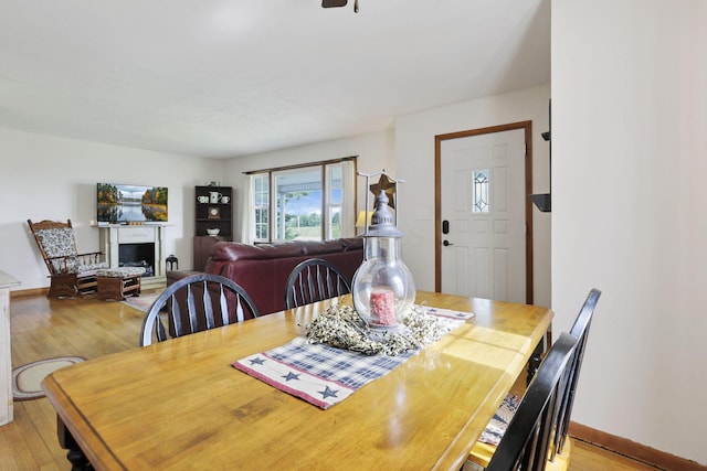 17519 Thompson Ridge Rd, Laurelville, OH 43135 - dining area featuring light wood-style flooring, a fireplace, and ceiling fan